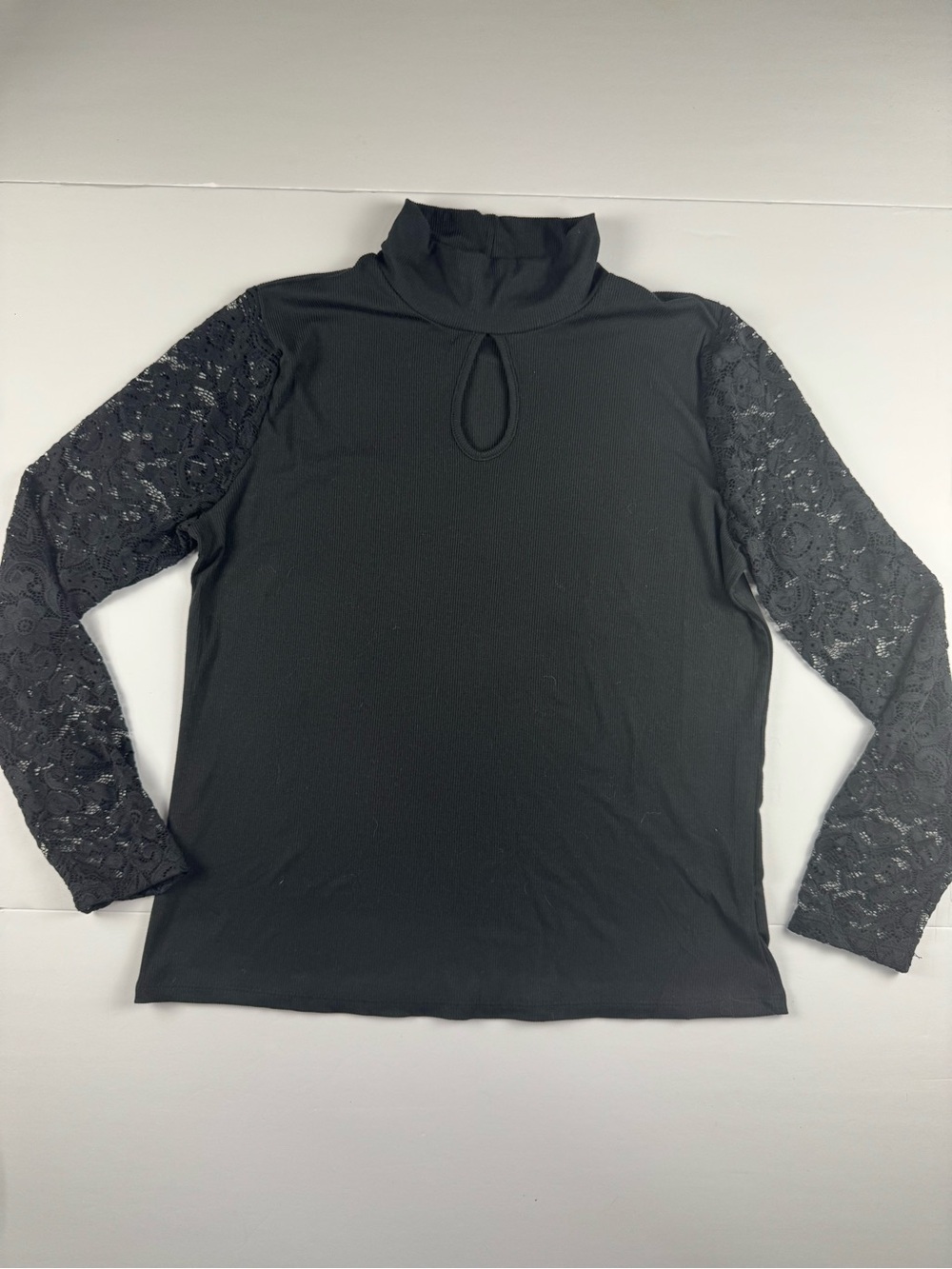 French Laundry Black Mock Neck Top with Lace Sleeves - Picture 1 of 8
